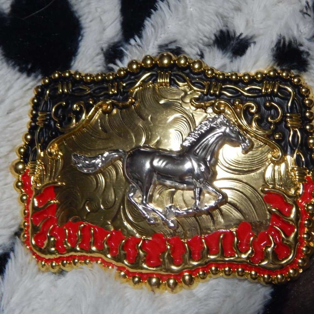 Gold Overlay, Red, and Black running Horse Belt Buckle  4"(L) x 3"(W)